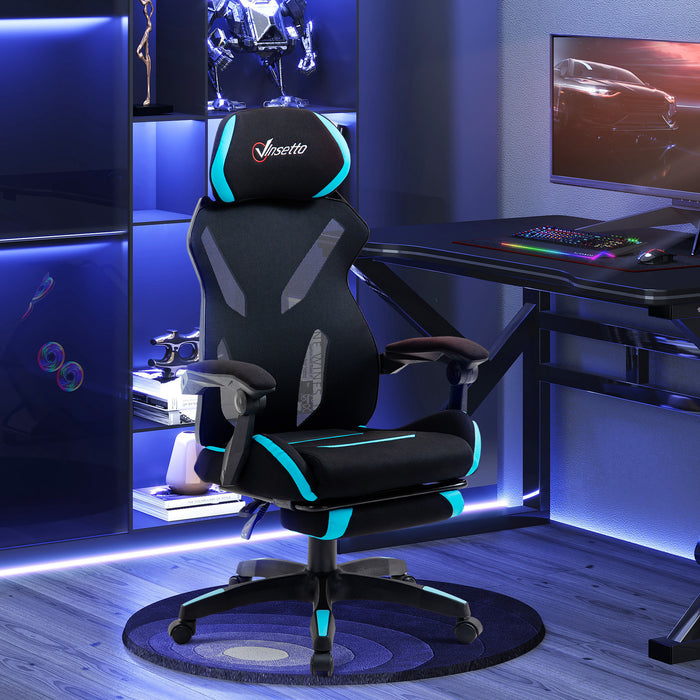 Easycomfort Sedia da Gaming con Supporto Lombare, Sedia Ufficio Ergonomica con Altezza Regolabile in Tessuto Nero e Blu, 65x65x119-129cm