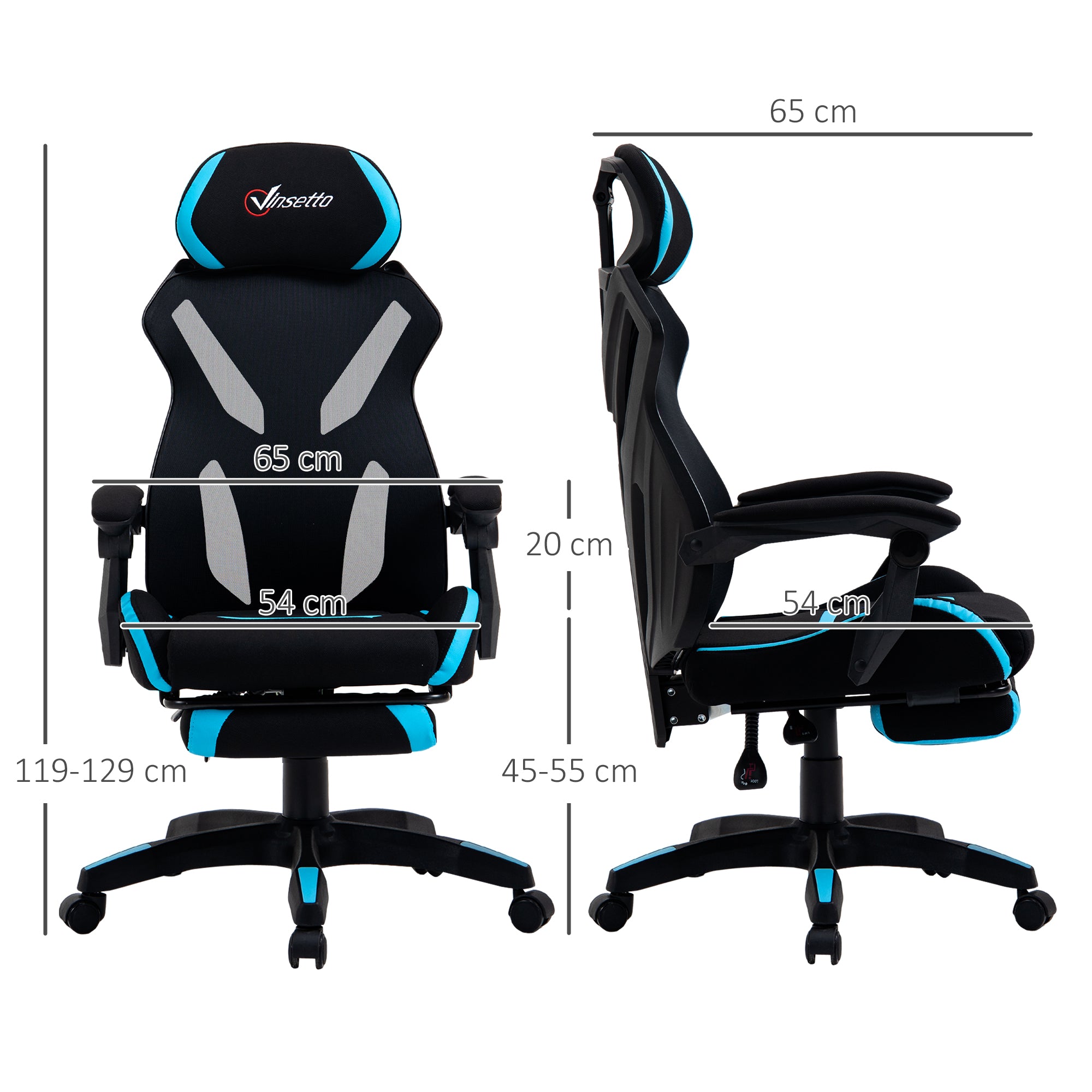 Easycomfort Sedia da Gaming con Supporto Lombare, Sedia Ufficio Ergonomica con Altezza Regolabile in Tessuto Nero e Blu, 65x65x119-129cm