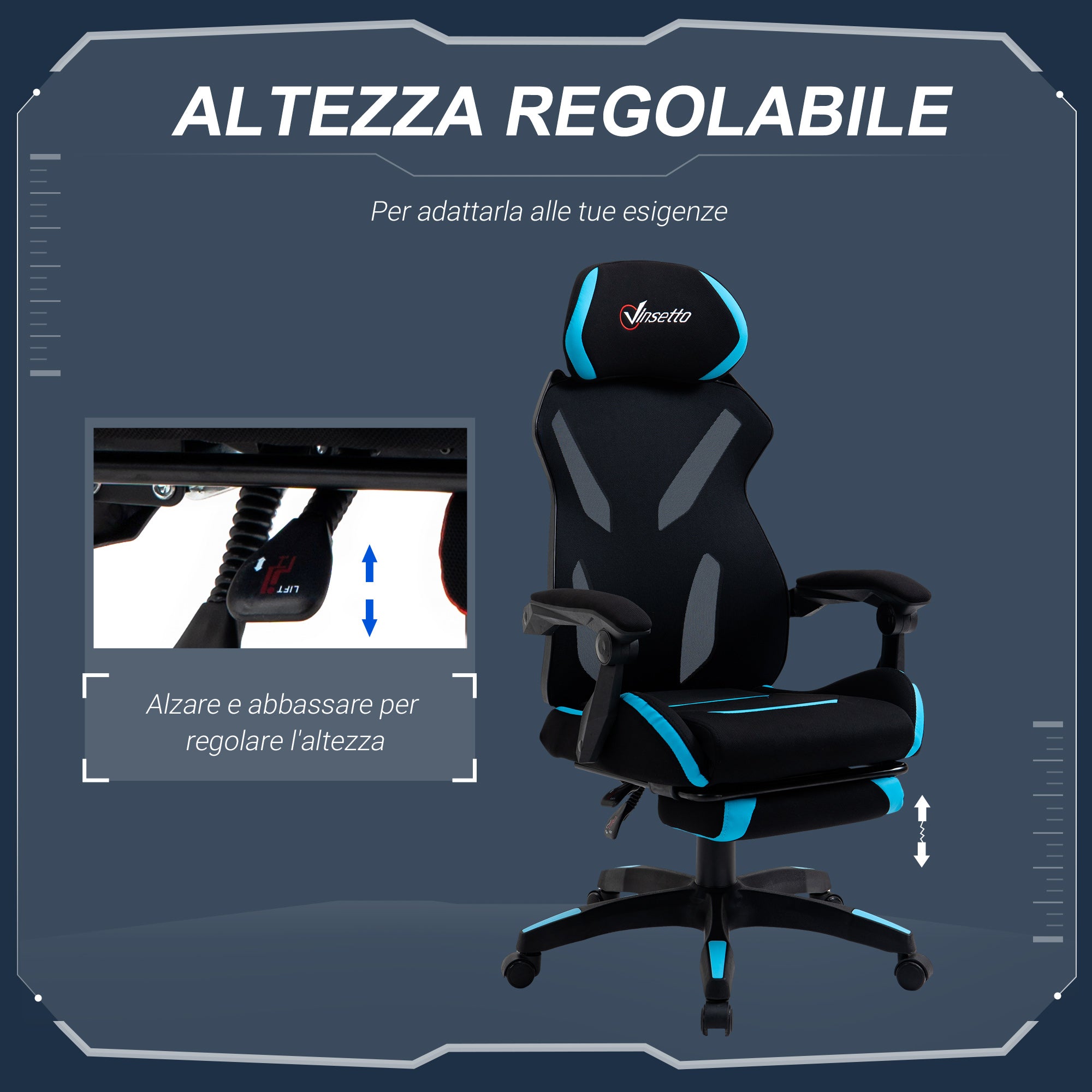 Easycomfort Sedia da Gaming con Supporto Lombare, Sedia Ufficio Ergonomica con Altezza Regolabile in Tessuto Nero e Blu, 65x65x119-129cm