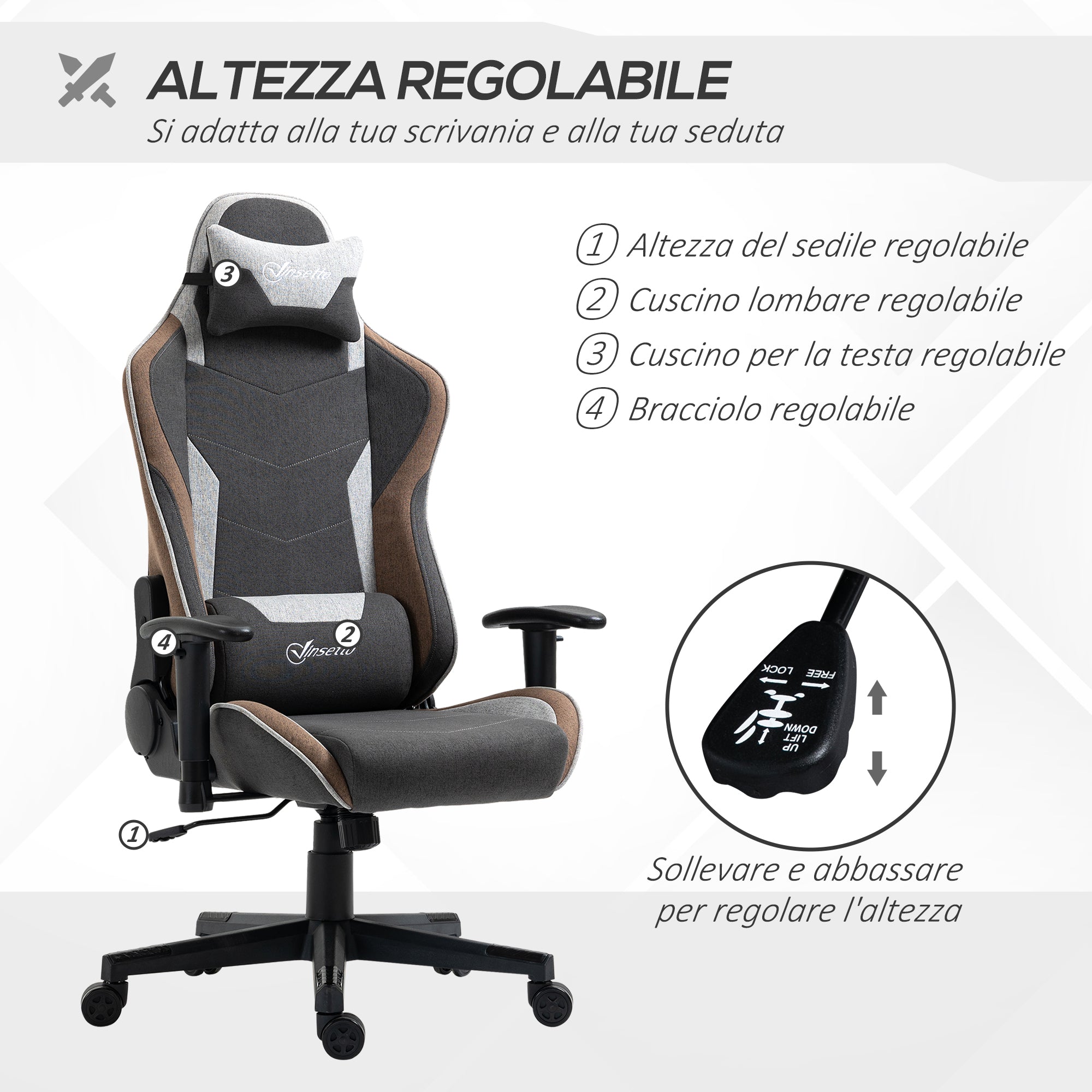 Easycomfort Sedia da Gaming Reclinabile a 150° con Funzione Dondolo, Poggiatesta e Cuscino Lombare, Grigio