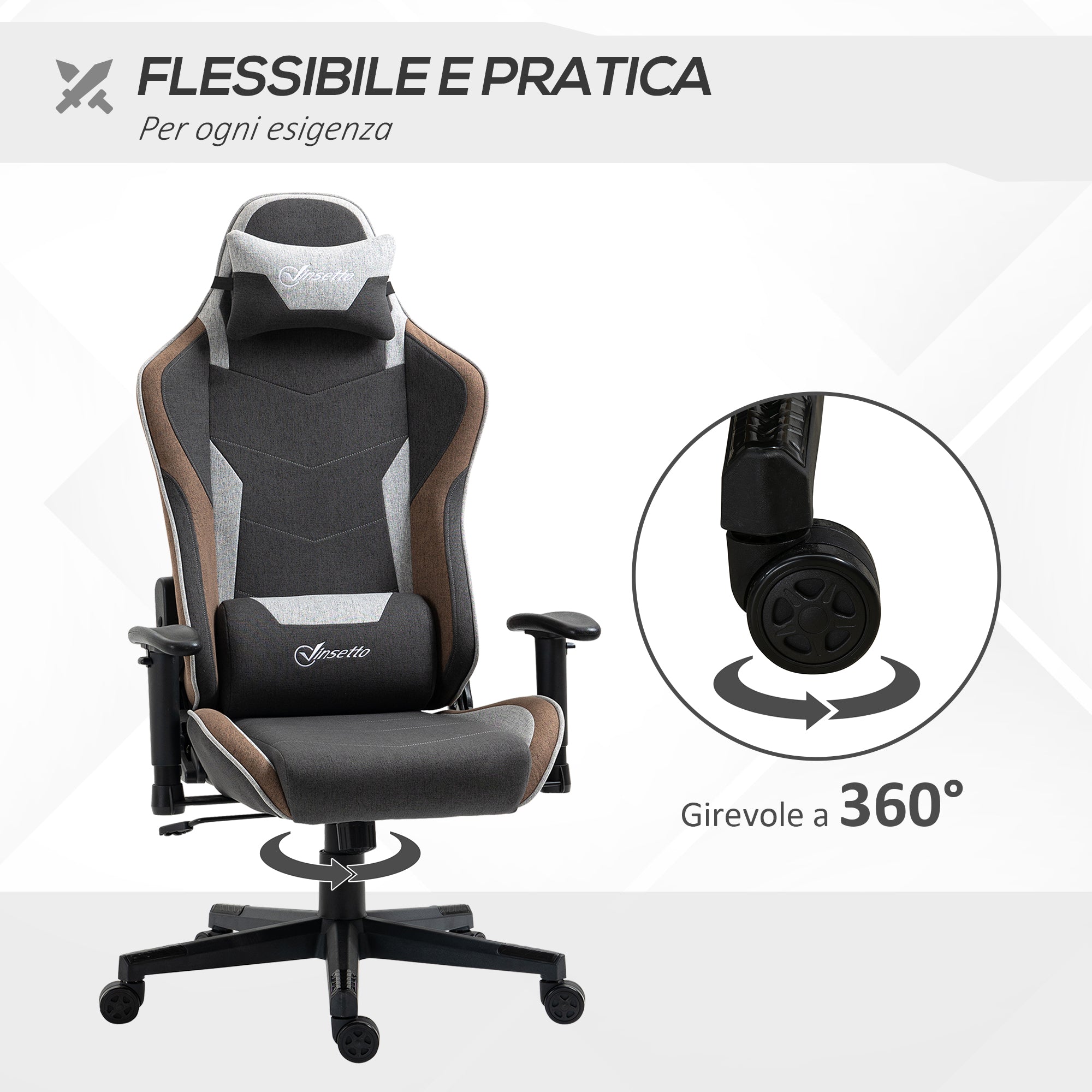 Easycomfort Sedia da Gaming Reclinabile a 150° con Funzione Dondolo, Poggiatesta e Cuscino Lombare, Grigio