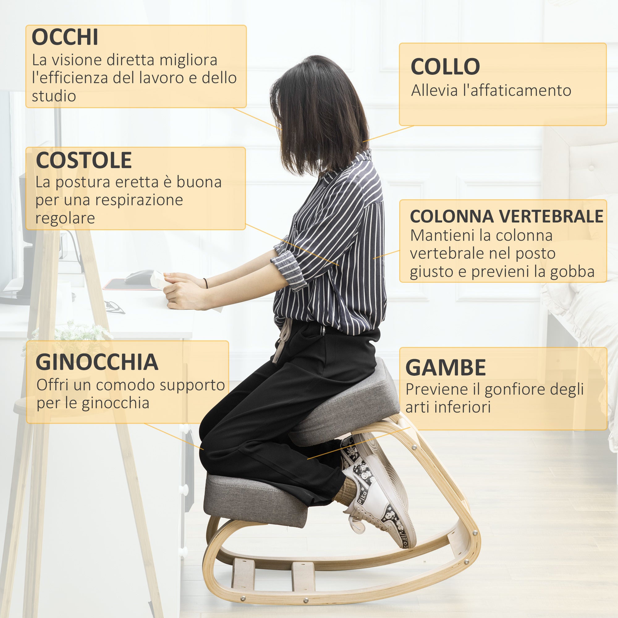 EASYCOMFORT  Sedia Ergonomica con Inginocchiatoio in Legno di Betulla e Cuscino in Gommapiuma e Poliestere, 51x69x58cm, Grigia