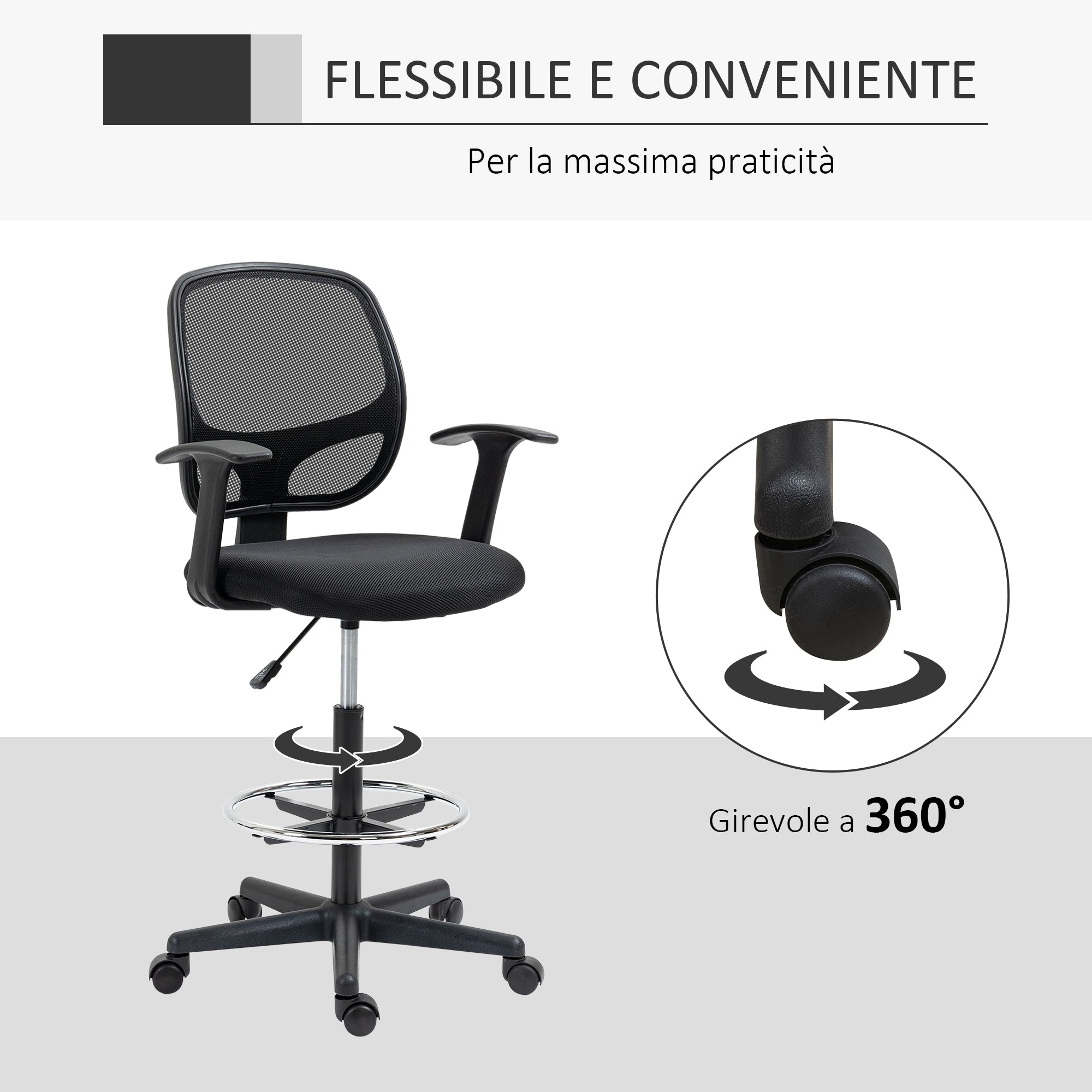 EASYCOMFORT  Sedia da Ufficio ad Altezza Regolabile con Braccioli, Rotelle e Seduta Imbottita, 60x56x110-132 cm, Nera