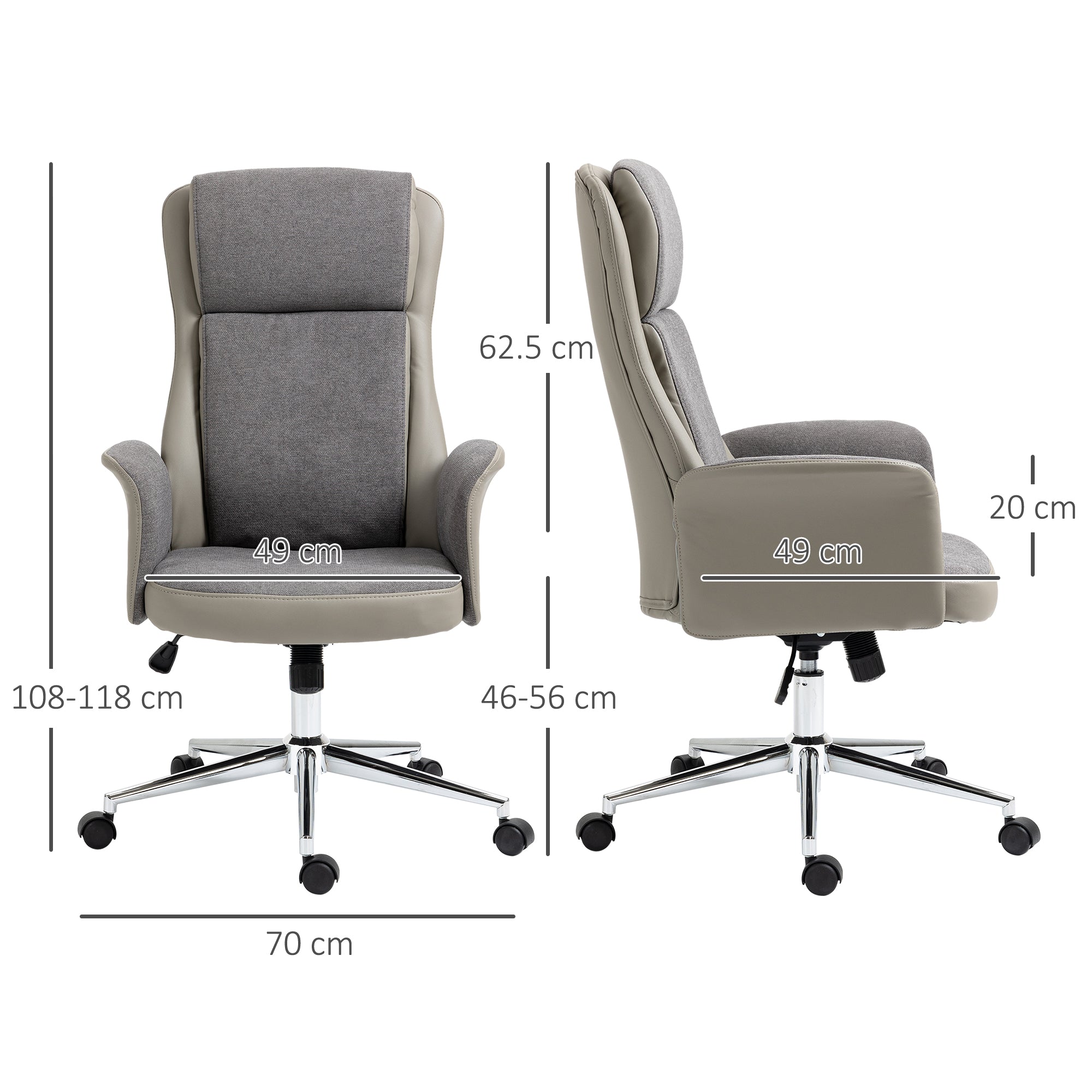 EASYCOMFORT  Sedia da Ufficio Elegante a 2 Tessuti, Sedia Ergonomica ad Altezza Regolabile, 65x72x108-118 cm, Grigia