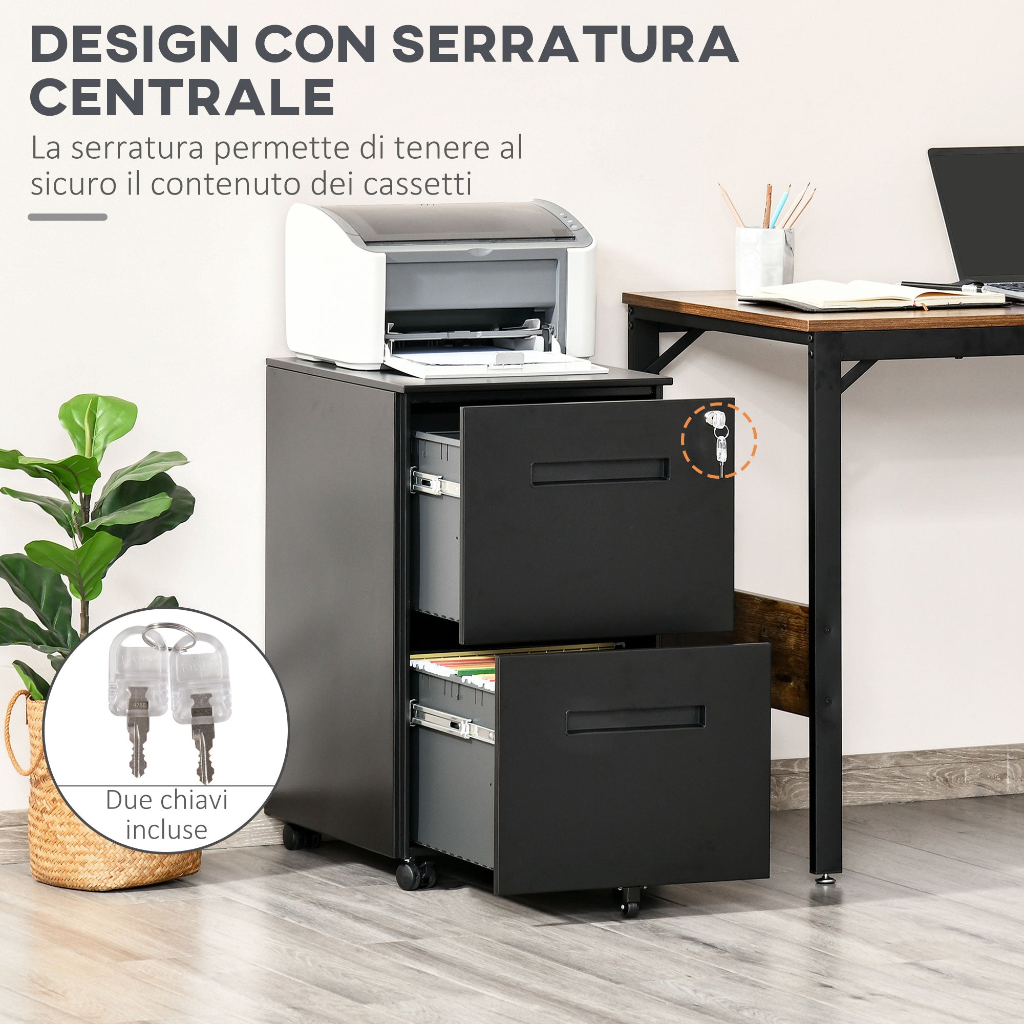 Easycomfort Cassettiera Ufficio con Ruote, Schedario Portadocumenti a 2 Cassetti con Serratura e 2 Chiavi in Acciaio, 39x48x67cm, Nero