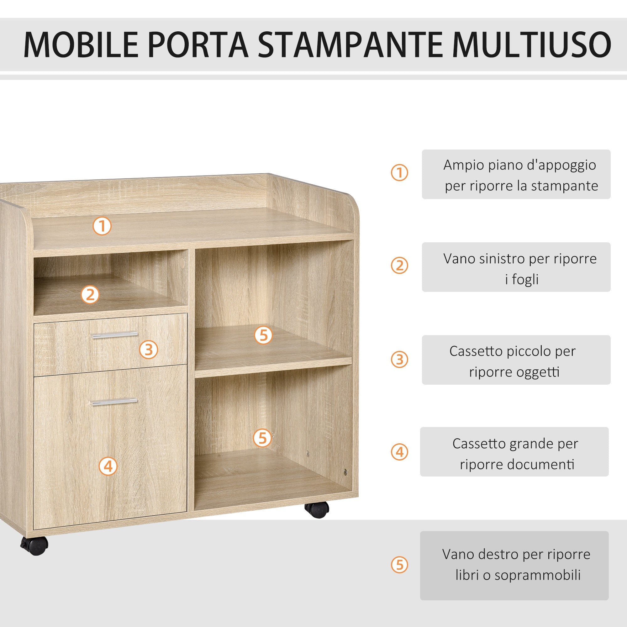 EasyComfort Mobile multiuso con 4 Ruote, Rovere, 80x40x72cm