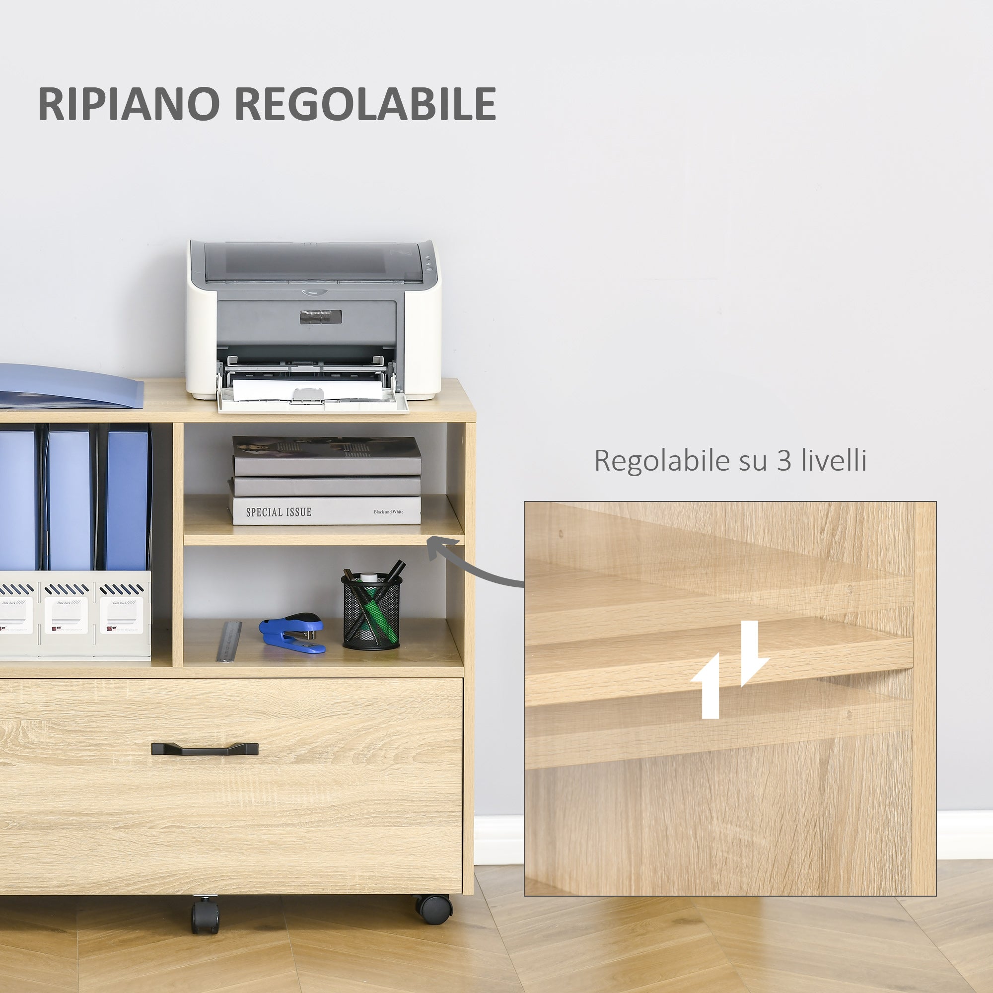 Easycomfort Mobile Multiuso per Ufficio Porta Stampante con 5 Ruote e Ripiano Regolabile, 77x40x73cm - Legno