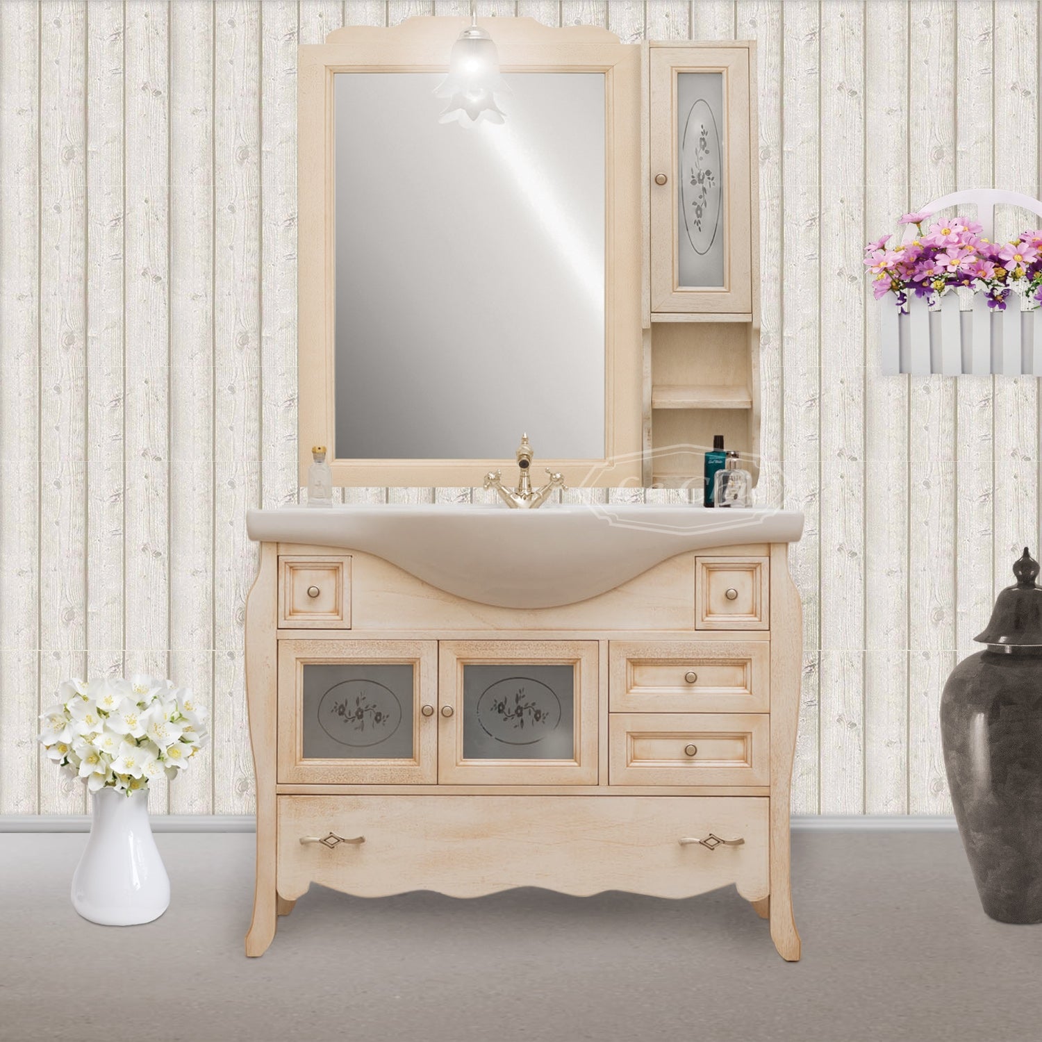 Arredo bagno in legno avorio decapè - 85 cm