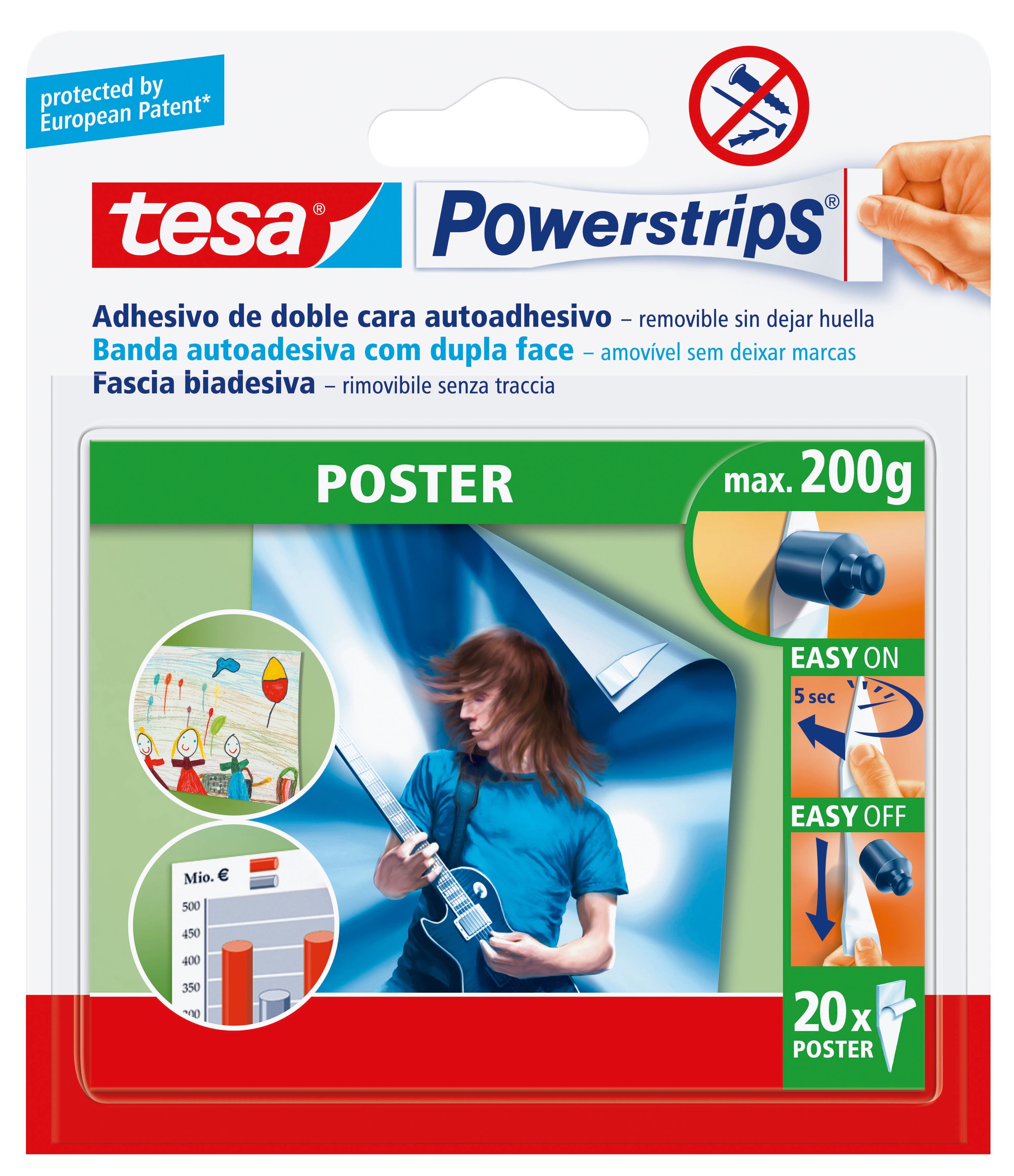 TESA POWERSTRIPS 20 STRISCE BIADESIVE POSTER TESA CF 15,0