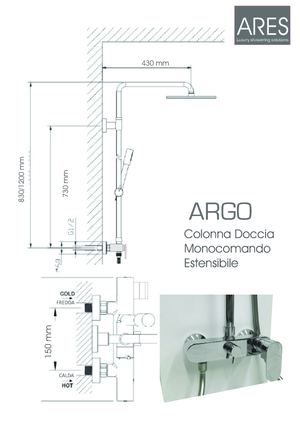 Colonna Doccia Tonda ARES Argo con soffione tondo 25 cm miscelatore con deviatore incorporato