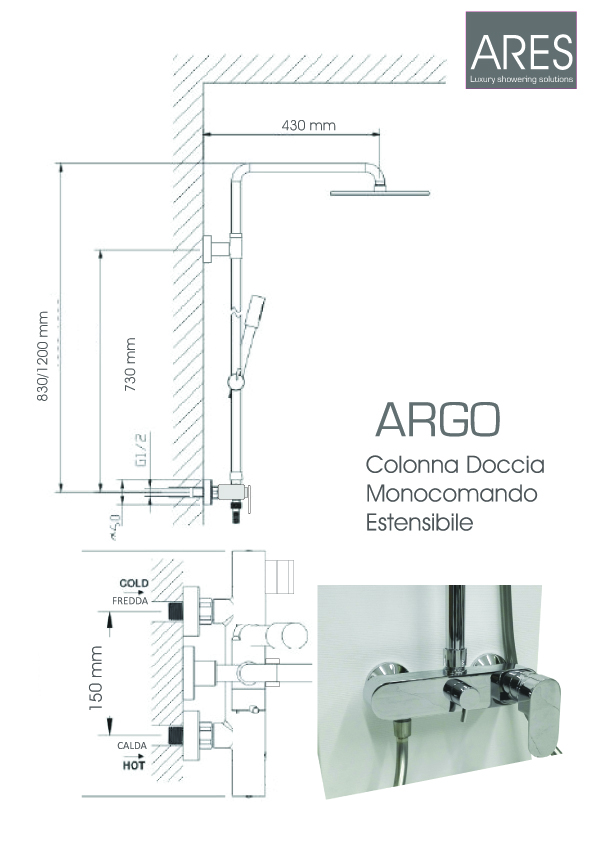 Colonna Doccia Tonda ARES Argo con soffione tondo 25 cm miscelatore con deviatore incorporato