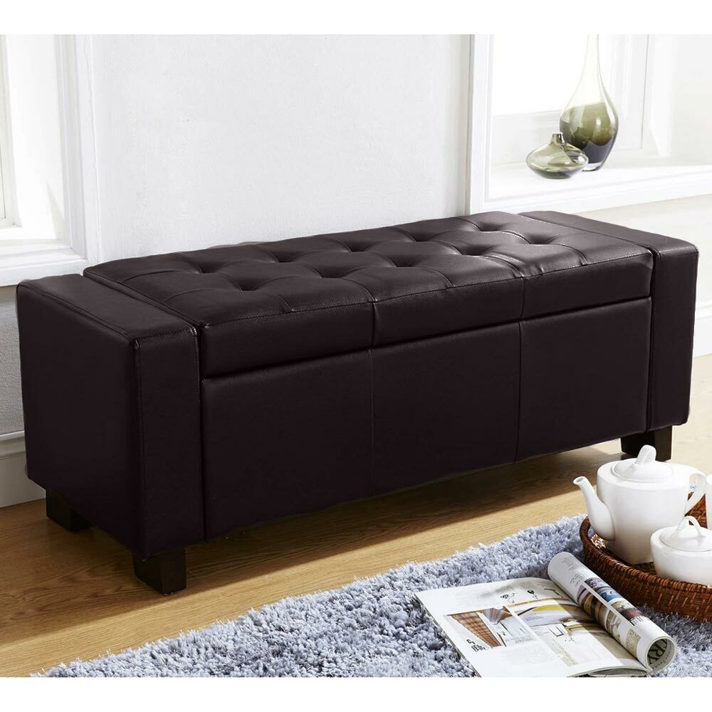 Cassapanca Pouf Contenitore Panca Moderna 110x40 H 40cm con Bottoni ecopelle Marrone