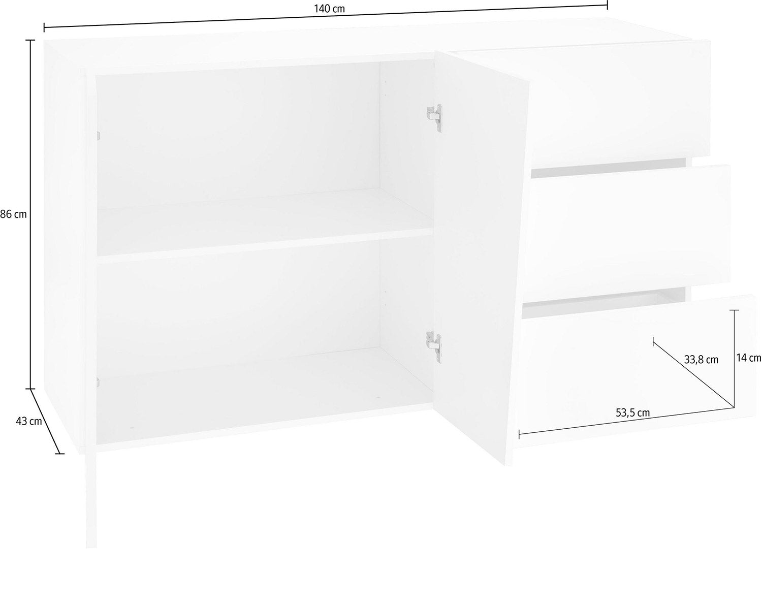 Credenza 2 Ante + 3 Cassetti 140x43x86 cm Vega Bianco Lucido