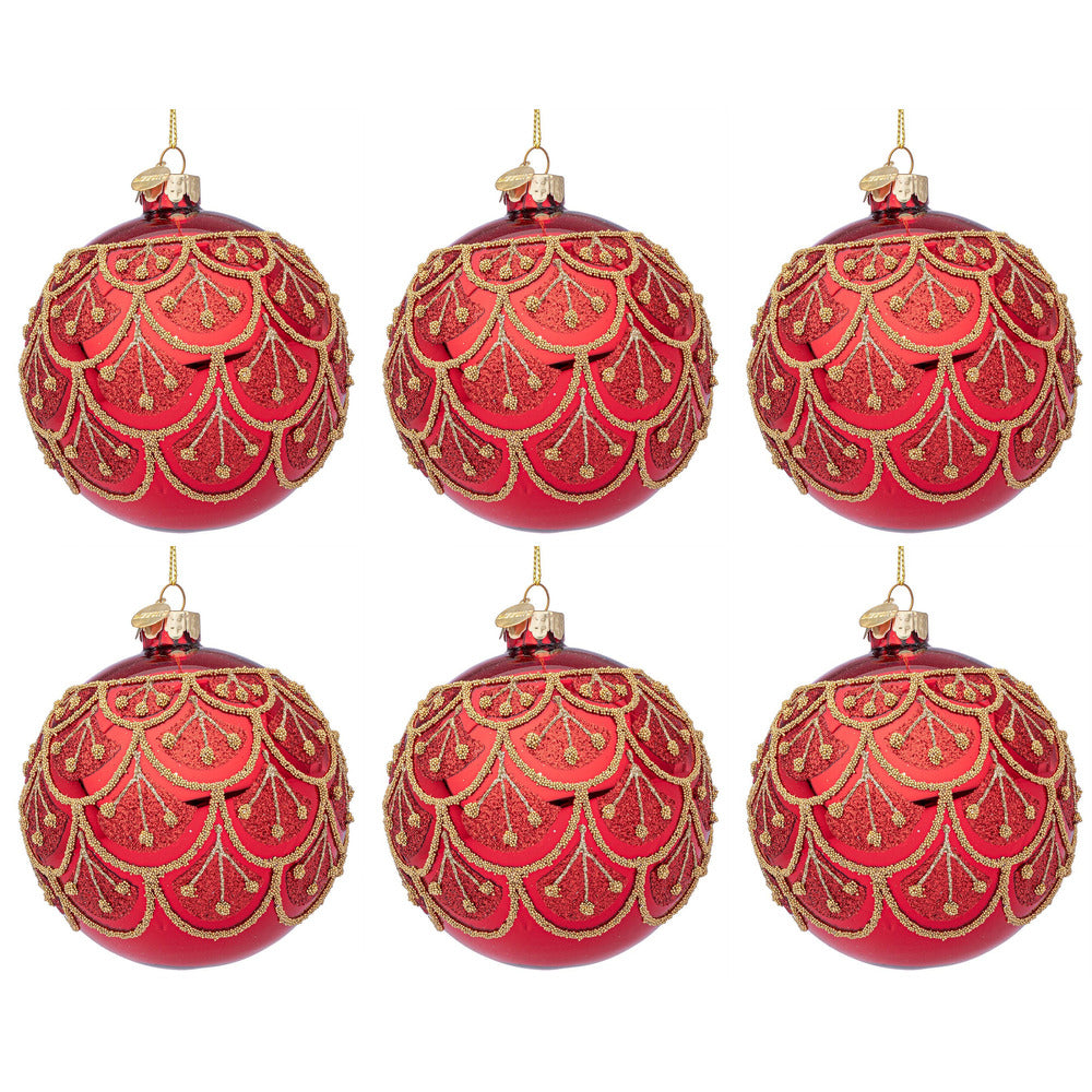 Palline di Natale in Vetro Rosse con Perline Oro Winslows Diametro: 80 mm