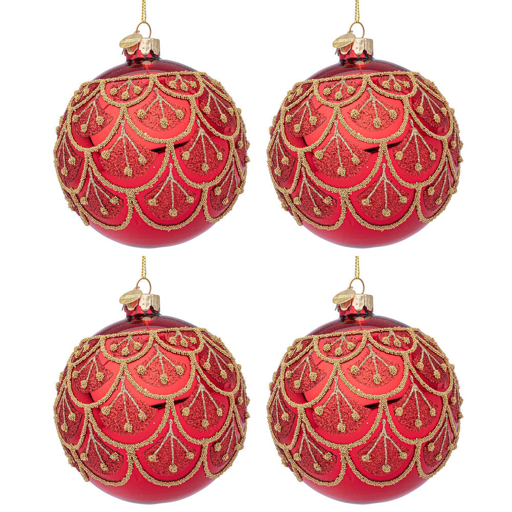 Palline di Natale in Vetro Rosse con Perline Oro Winslows Diametro: 100 mm