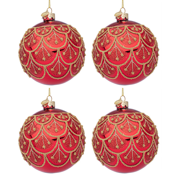 Palline di Natale in Vetro Rosse con Perline Oro Winslows Diametro: 100 mm