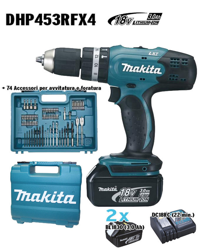 makita superkit 18v 3 ah dhp453rfx4 con 2 batterie 97041