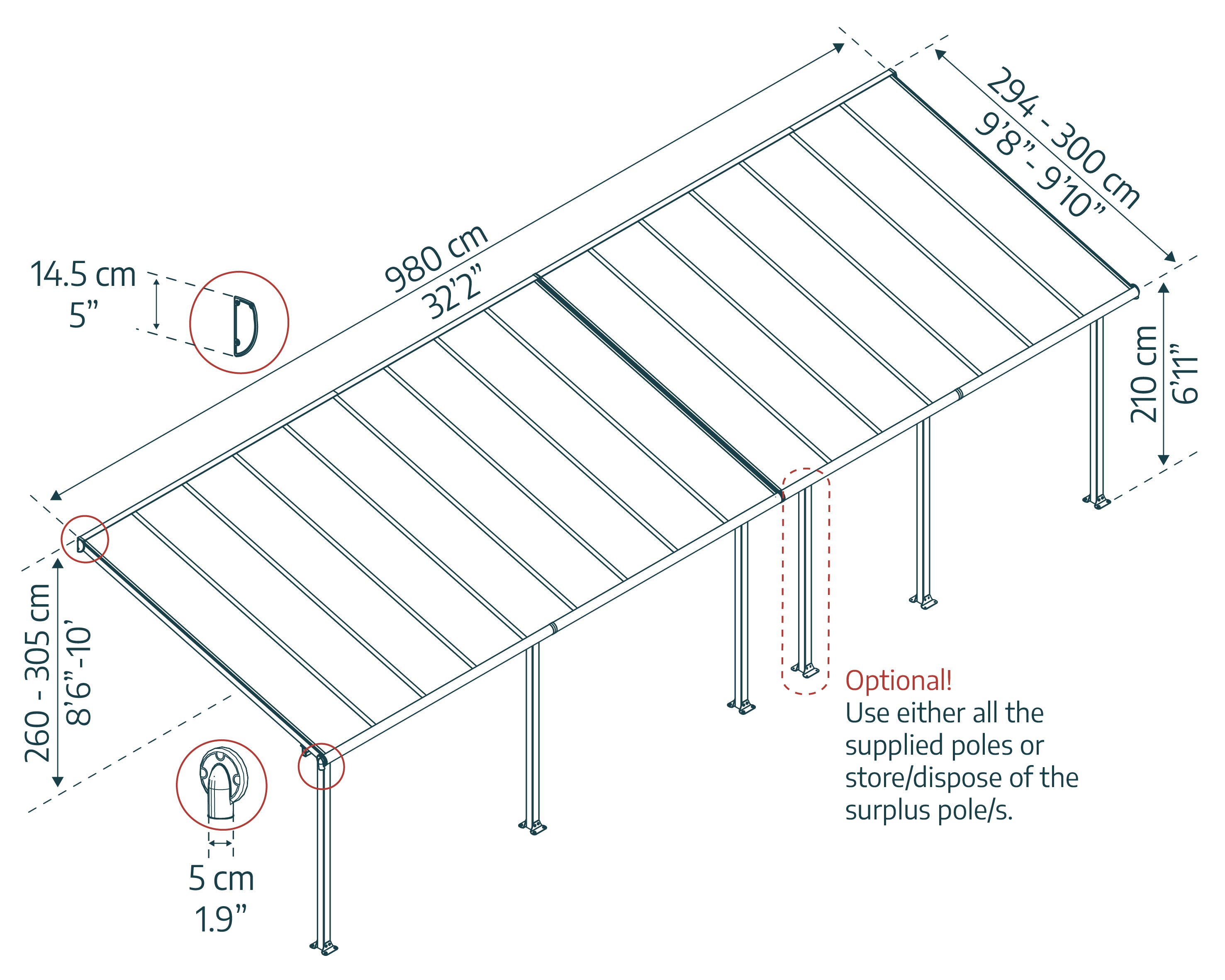 Pergola Addossata in Alluminio Olympia 3X9.8 m Grigio