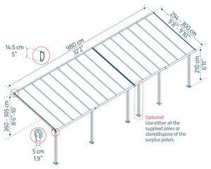 Pergola Addossata in Alluminio Olympia 3X9.8 m Grigio