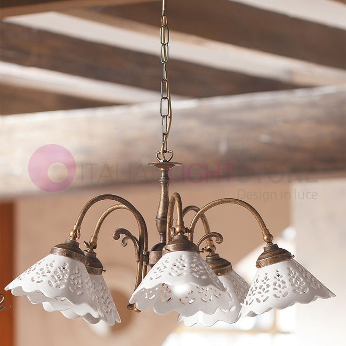 VOLTERRA Lampadario 5 Luci Ottone e Ceramica Rustico Country