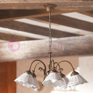 VOLTERRA Lampadario 5 Luci Ottone e Ceramica Rustico Country