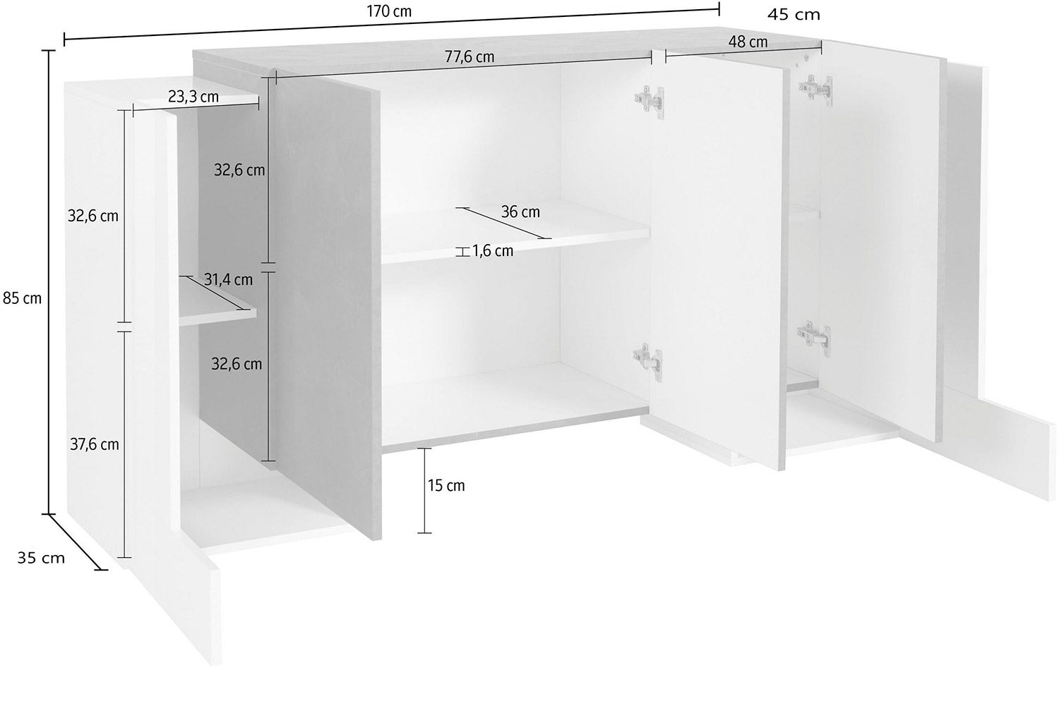 Credenza 2 + 3 Ante 170x45x85 cm Pillon Bianco Lucido e Acero Pereira