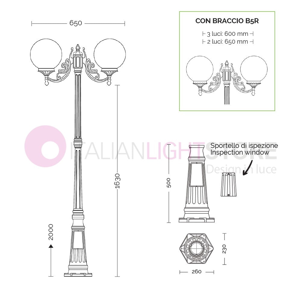 ORIONE ANTRACITE Lampione a 2 luci per Esterno Giardino con sfere globi policarbonato d.25