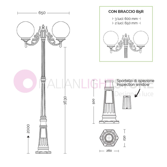 ORIONE ANTRACITE Lampione a 2 luci per Esterno Giardino con sfere globi policarbonato d.25