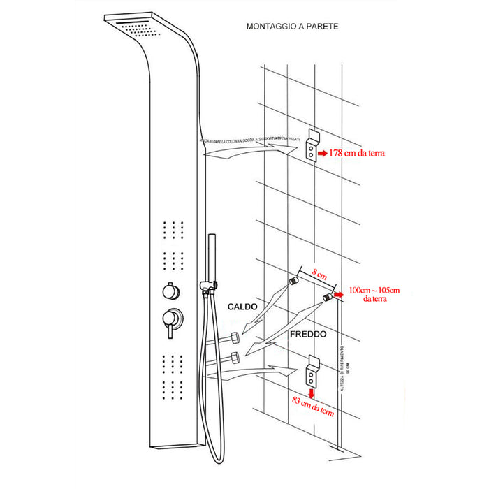 COLONNA PANNELLO DOCCIA IN ACCIAIO SATINATO H.150x22x45cm 4 FUNZIONI "NEW YORK" FERIDRAS 980002