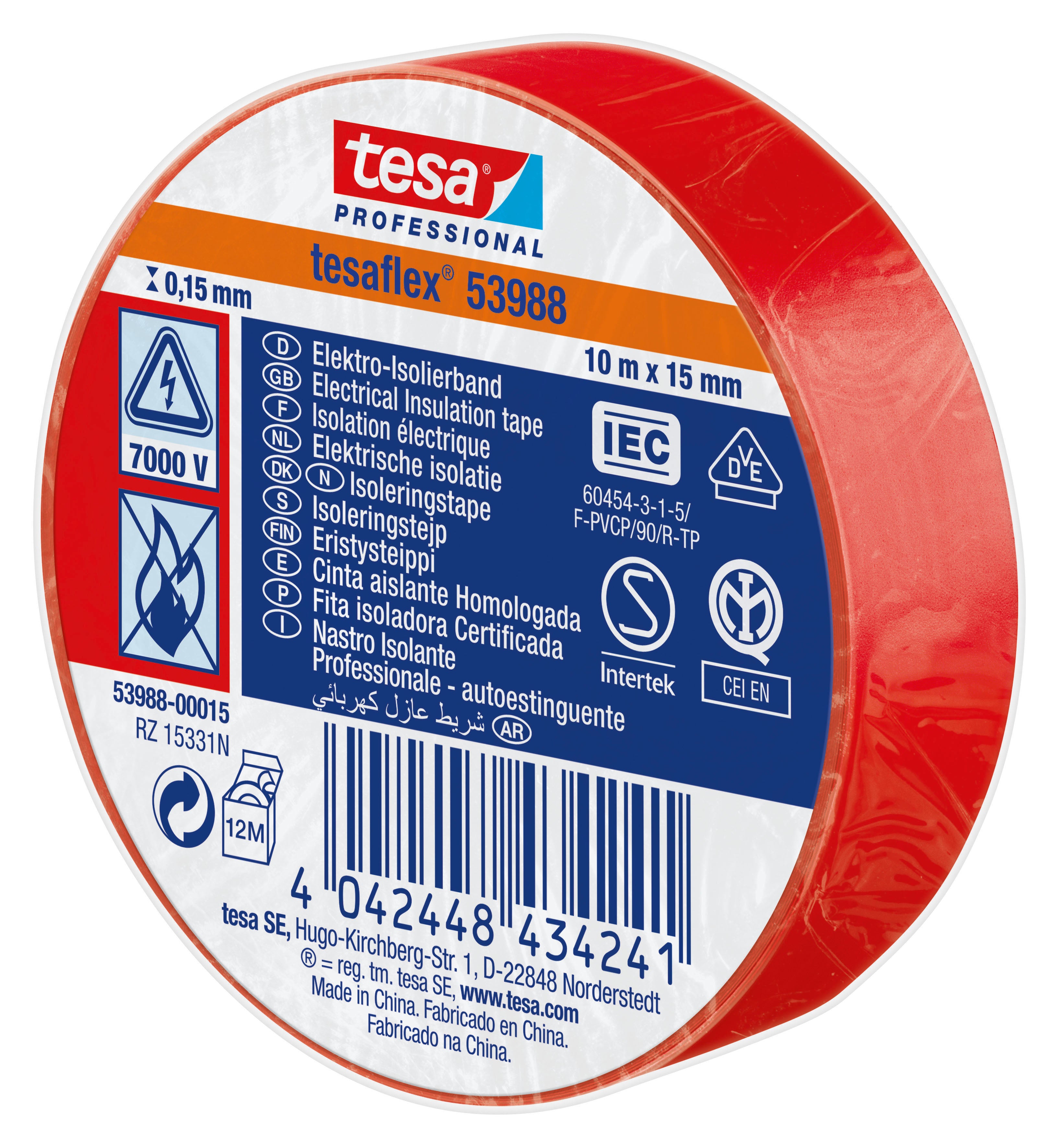 NASTRO ISOLAN.CERTIFICATO ROSSO MM.15(MT.10) TESA PZ 10,0