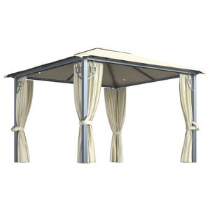 Gazebo con Tende Stringa di Luci LED 300x300 cm Crema Alluminio