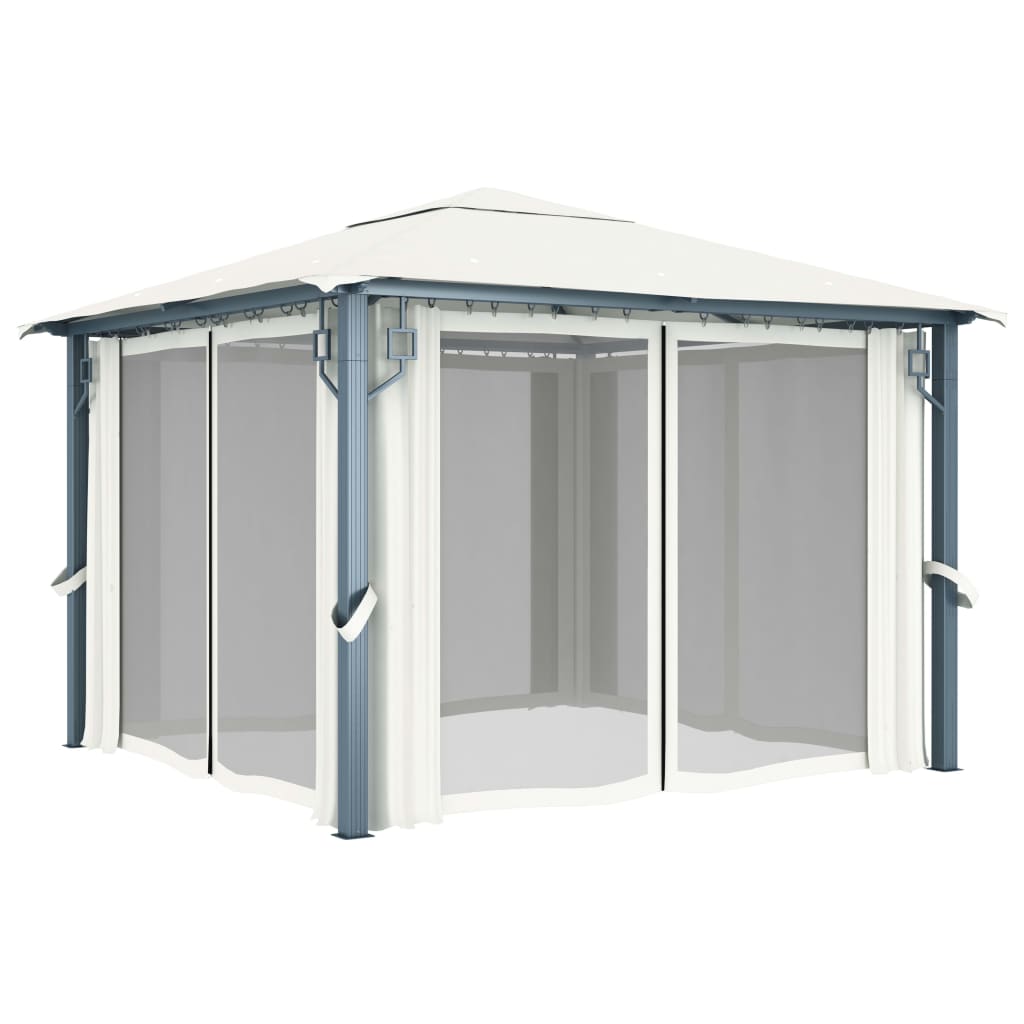 Gazebo con Tende Stringa di Luci LED 300x300 cm Crema Alluminio