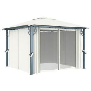 Gazebo con Tende Stringa di Luci LED 300x300 cm Crema Alluminio