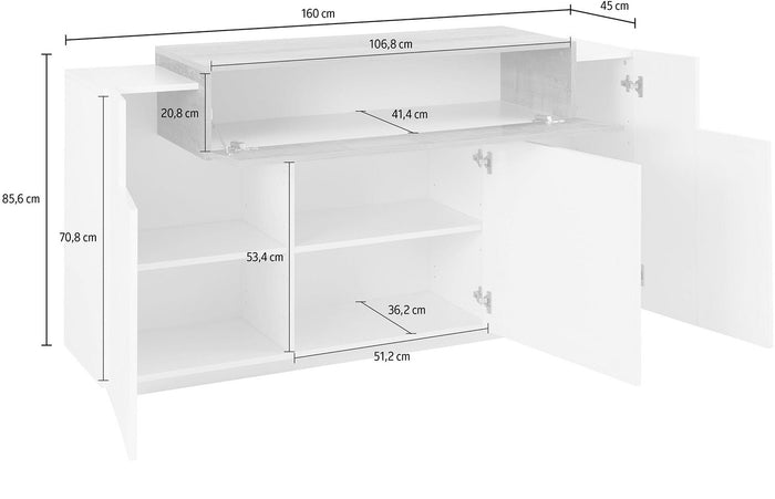 Credenza 3 Ante Battenti + 1 Anta a Ribalta 160x45x85,5 cm Coro Bianco Lucido e Ardesia