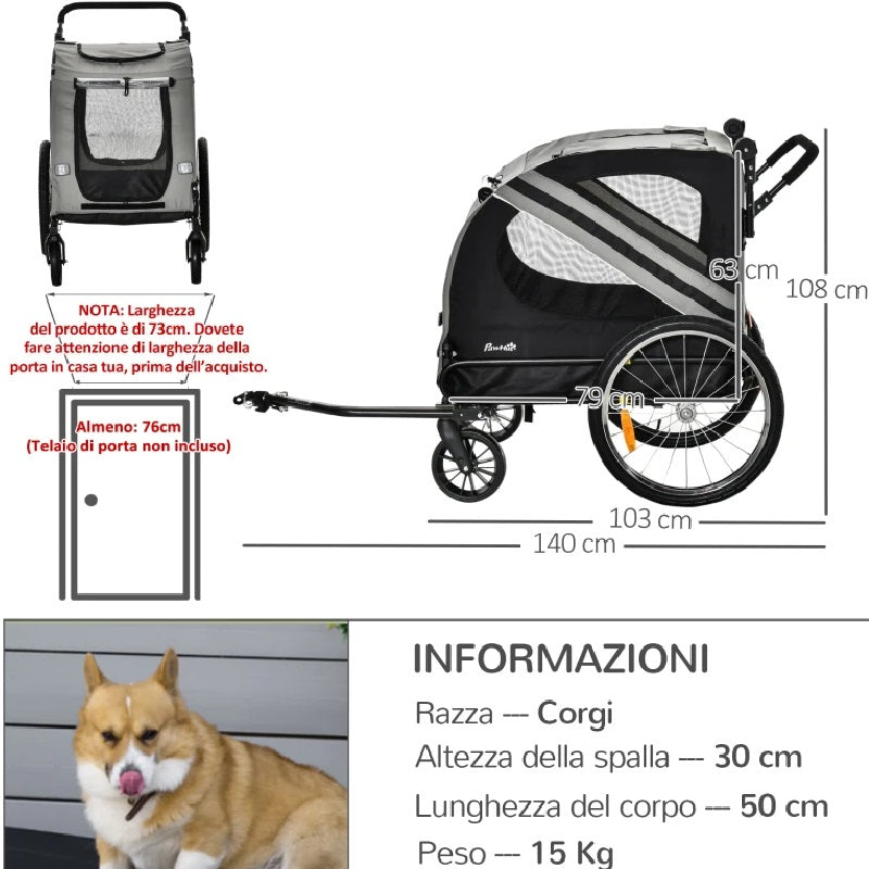 Rimorchio Cani Ingresso a Cerniera Ruote e Bandiera, in Acciaio e tessuto Grigio