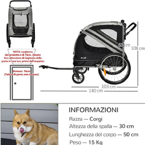 Rimorchio Cani Ingresso a Cerniera Ruote e Bandiera, in Acciaio e tessuto Grigio