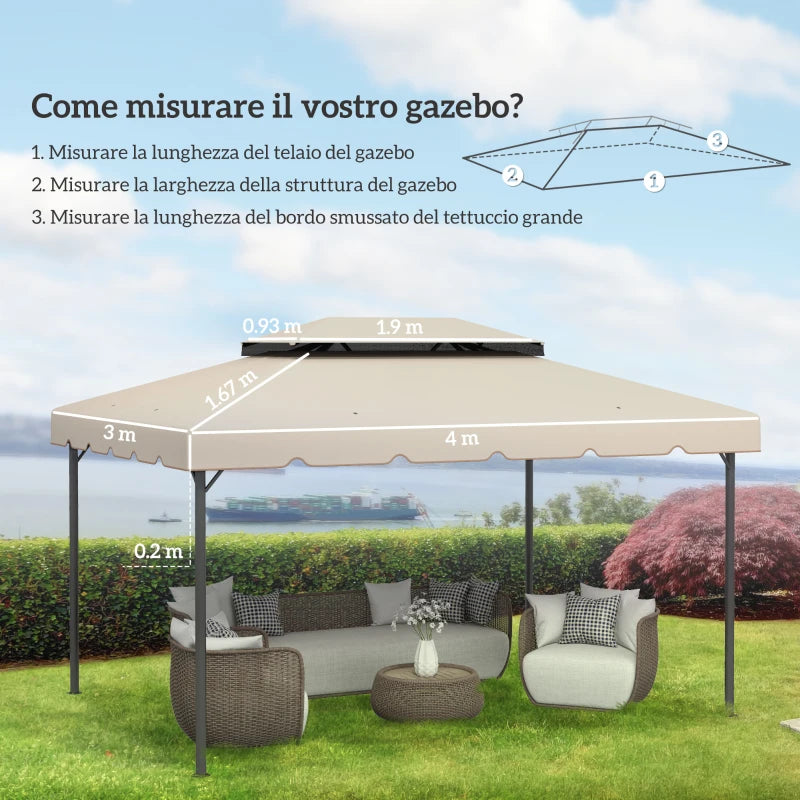 Ricambio Tettuccio per Gazebo 3x4mt Tetto a 2 Livelli in Poliestere Beige AntiUV