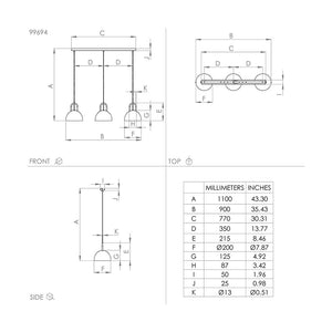 Lampadario Industrial Calmanera 3 Luci Acciaio Nero E Ottone