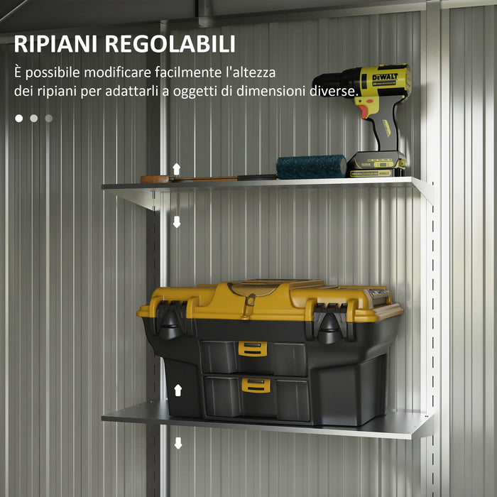 Capanno Porta Attrezzi con Ripiani Regolabili e 2 Finestre 238x132x198,5 cm in Acciaio Zincato Grigio Scuro