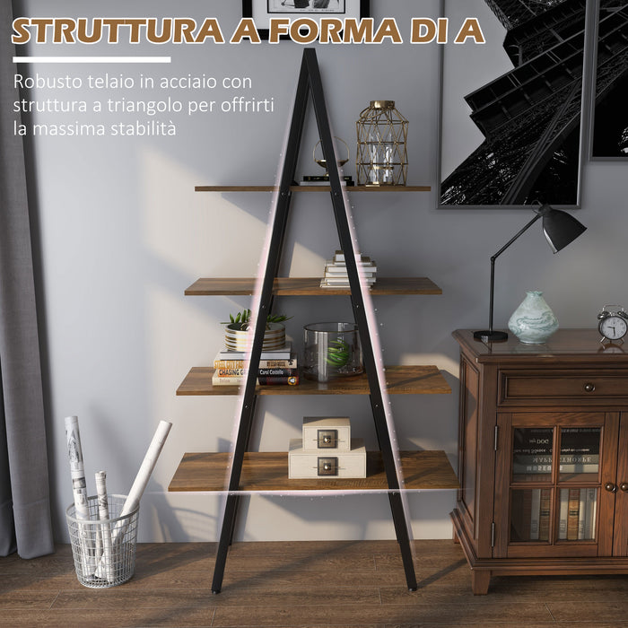 Libreria 4 Livelli a Forma di A 92x38,5x166 cm in Truciolato e Acciaio Marrone Rustico e Nero