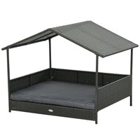 Casetta per Cani Rialzata con Cuscino Sfoderabile 117x85x89 cm in Rattan PE e Acciaio Grigio e Marrone