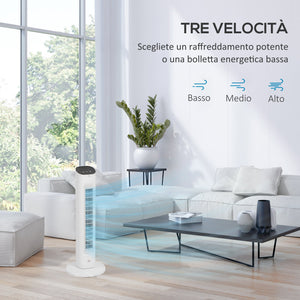 Ventilatore a Colonna con Telecomando e 3 Velocità Ø30x78 cm Oscillazione e Modalità Notte in ABS Bianco