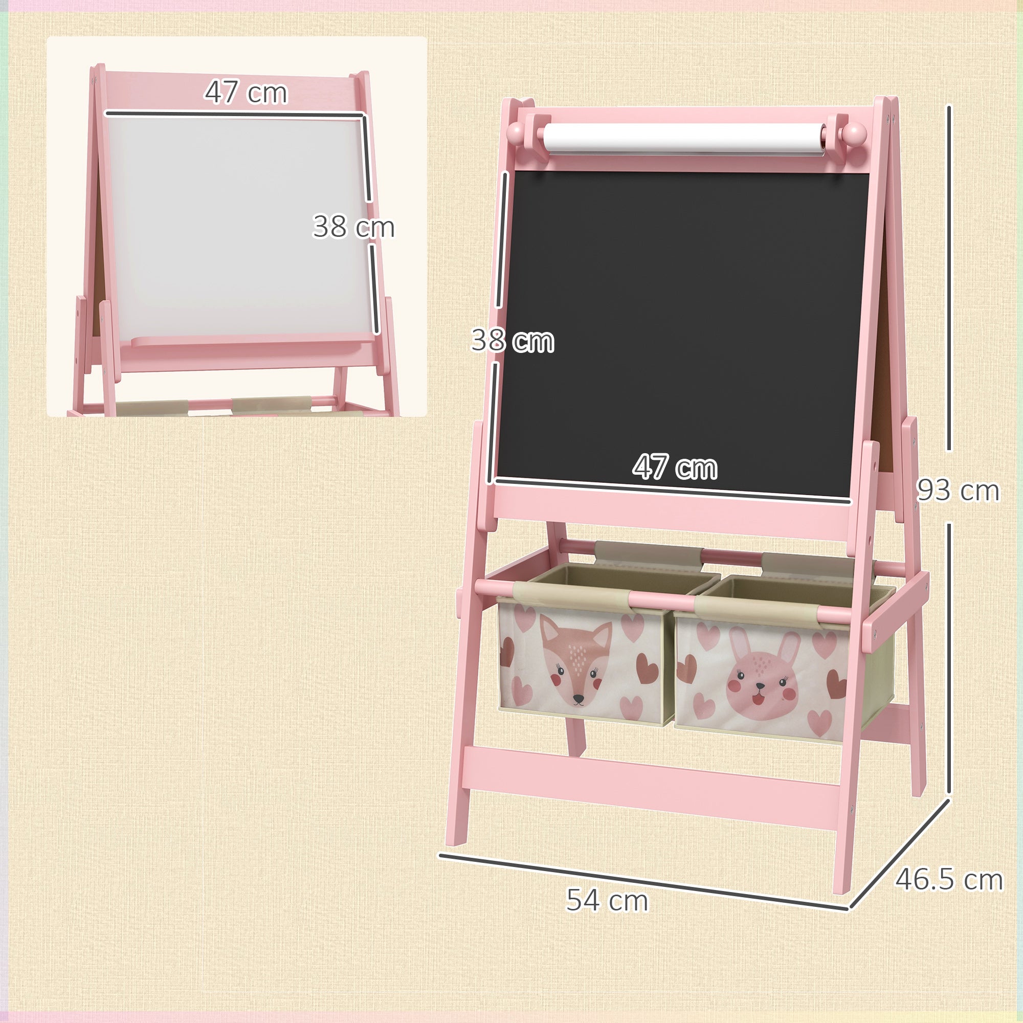 Lavagna per Bambini 3 in 1 54x46,5x93 cm con Cavalletto Rosa