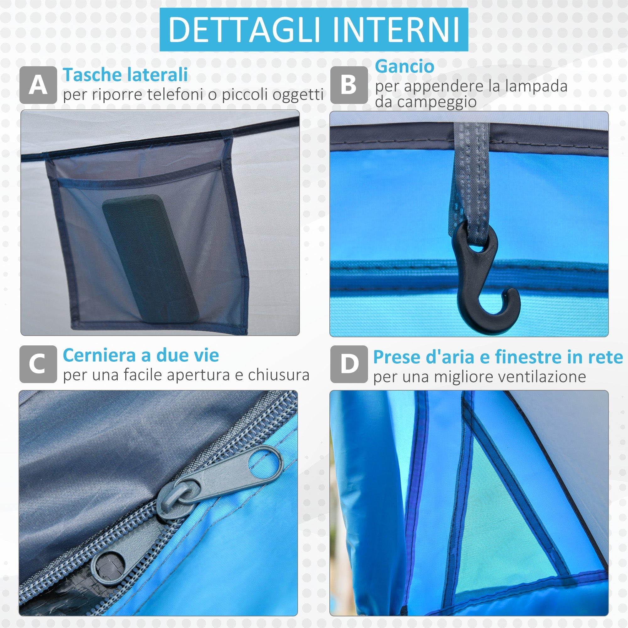 Tenda da Campeggio a Cupola con 2 Finestre e Design Pop-Up a Igloo 220x108x110 cm in Poliestere Blu