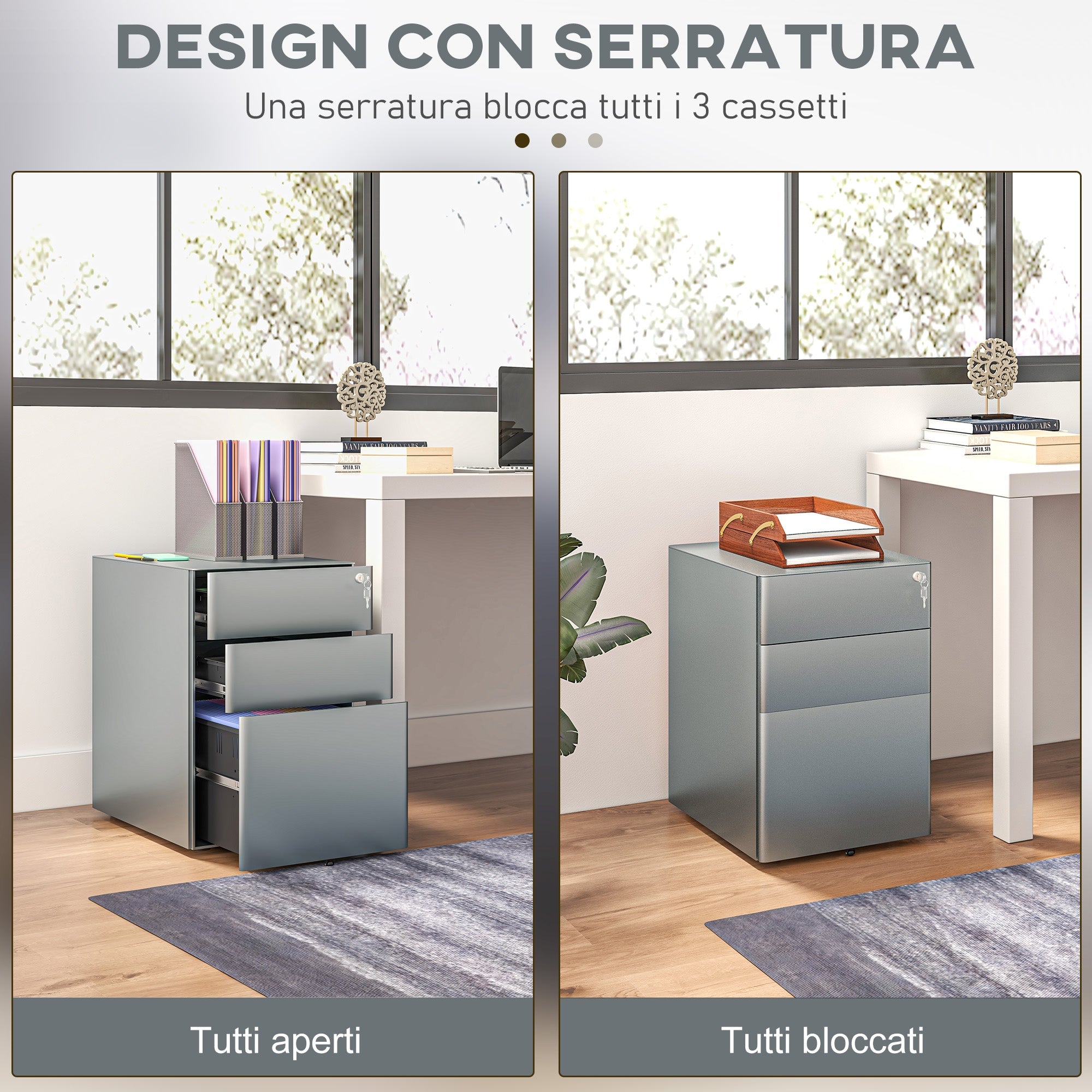 Cassettiera da Ufficio 3 Cassetti con Serratura e Ruote 39x48x59 cm in Acciaio Grigio