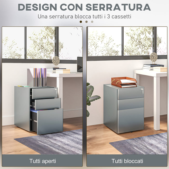 Cassettiera da Ufficio 3 Cassetti con Serratura e Ruote 39x48x59 cm in Acciaio Grigio