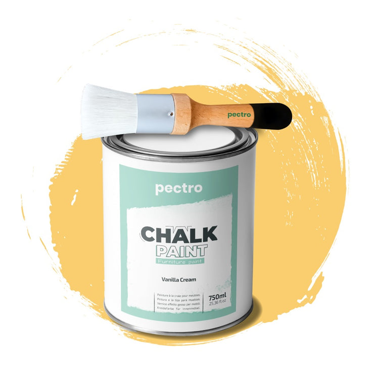 Chalk Paint Vernice a Gesso 750ml + Pennello Tondo in Legno Pack CREMA VANIGLIA - Pittura per Mobili Senza Carteggiare