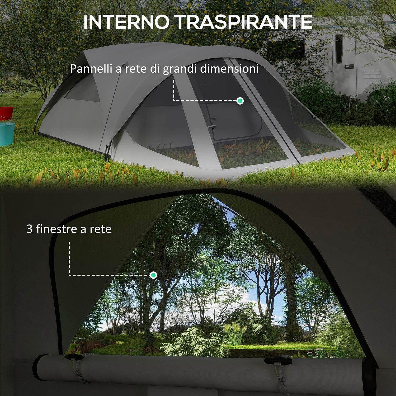 Tenda da Campeggio 4 Posti Impermeabile con Zona Notte e Zona Giorno 430x300x190 cm in Poliestere Grigio