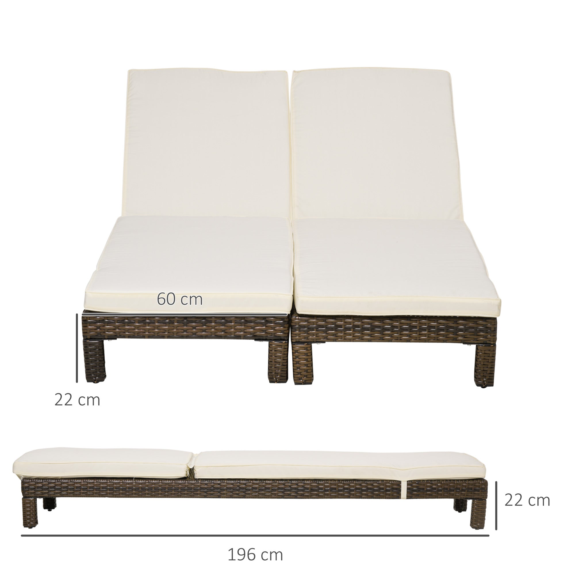 Set 2 Lettini Prendisole 196x60x22 cm in Rattan PE Marrone e Bianco