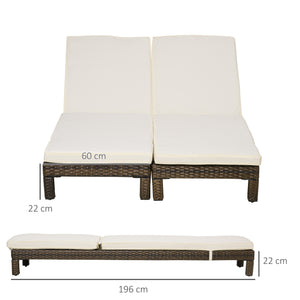 Set 2 Lettini Prendisole 196x60x22 cm in Rattan PE Marrone e Bianco